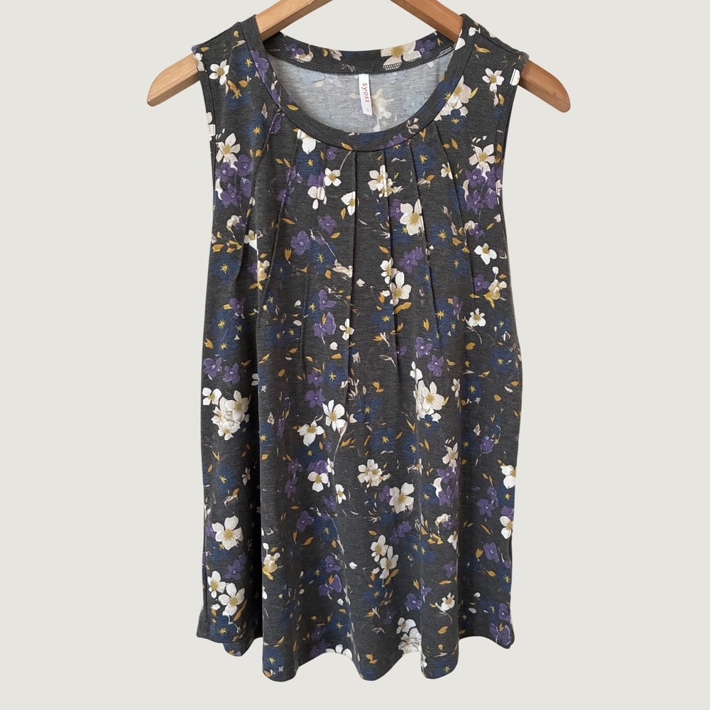 Syoss Womens Floral Pleated Sleeveless Tank Top Gray Purple Size Large